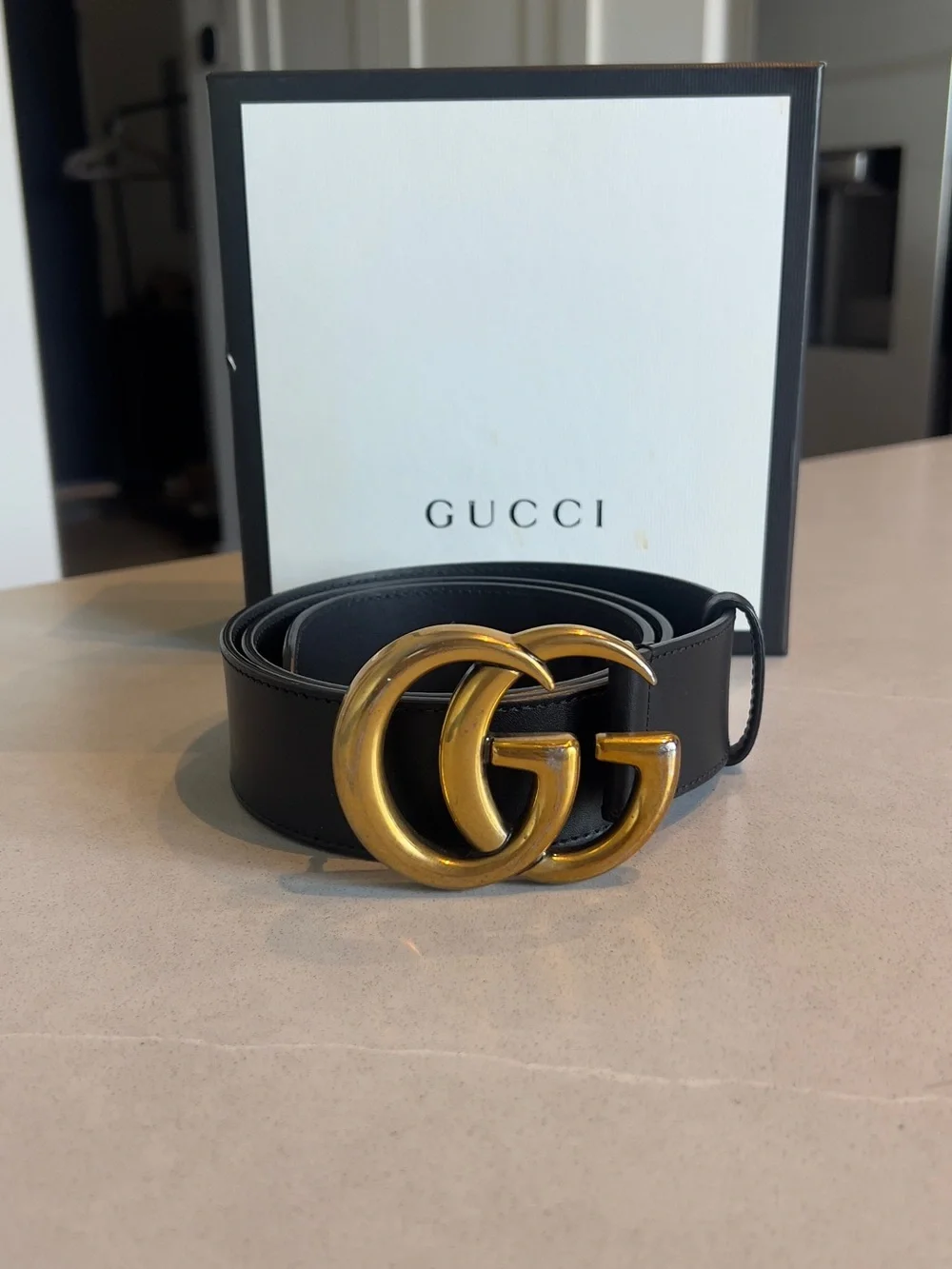Gucci Black Leather Belt with Gold Double G Logo Buckle
